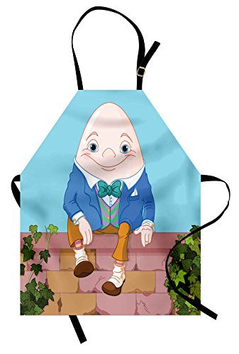 Lunarable Alice in Wonderland Apron, Egg Humpty Dumpty Sitting on Brickwork Wall in Colorful Cartoon Style, Unisex Kitchen Bib with Adjustable Neck for Cooking Gardening, Adult Size, Brown Pink