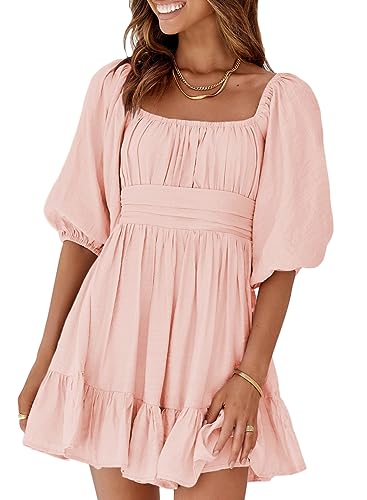 Dokotoo Womens Summer Dresses Tie Backless Sexy Lantern Sleeve Square Neck Hawaiian Pink Ruffle Floral Elastic Waist A-line Off The Shoulder Dresses for Vacation Large