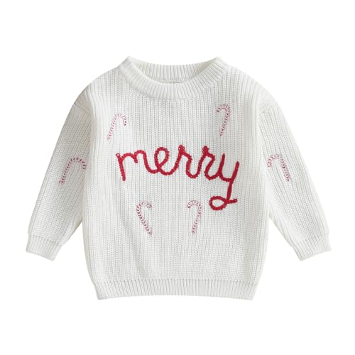 Ayalinggo Baby Christmas Sweaters Newborn Toddler Boy Girl Crewneck Chunky Knit Sweater Embroidery Oversized Pullover (A White Merry, 0-3 Months)