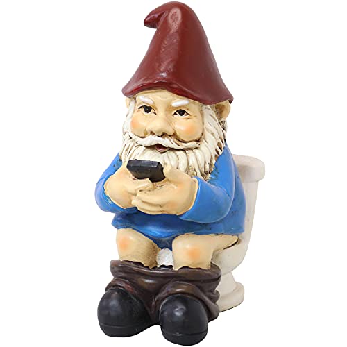 Sunnydaze 9.5-Inch Cody The Garden Gnome on The Throne Reading His Phone - Funny Lawn Decoration
