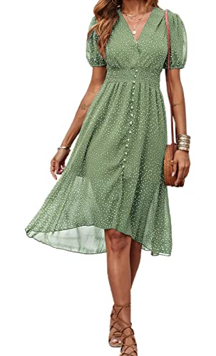 PRETTYGARDEN Women Summer Bohemian Floral Casual Wrap V Neck Beach Dress Shirred Waist A-Line Flare Midi Dresses Pleated Hem Swing Midi Dress (Light Green, Medium)