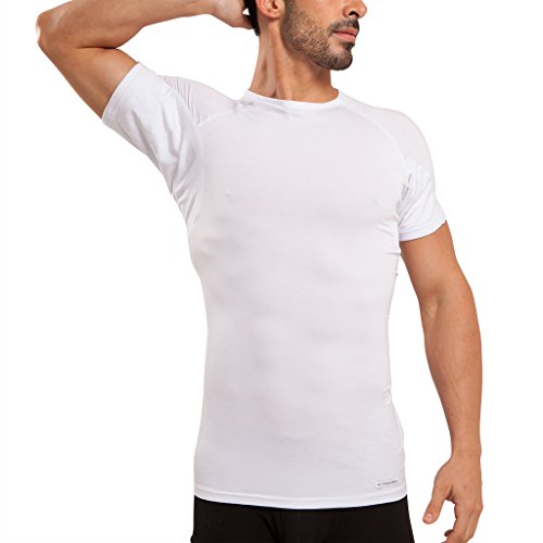 Ejis Sweatproof Undershirt Mens Modal Crew w Sweat Pads, Silver Treated to Fight Embarrassing Body Odor & Armpit Stains, Aluminum Free Alternative to Antiperspirant, Regular Fit (Large, White)