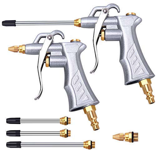 Industrial Air Blow Gun with Brass Adjustable Air Flow Nozzle and 2 Steel Air flow Extension, Pneumatic Air Compressor Accessory Tool Dust Cleaning Air Blower Gun-2 Pack