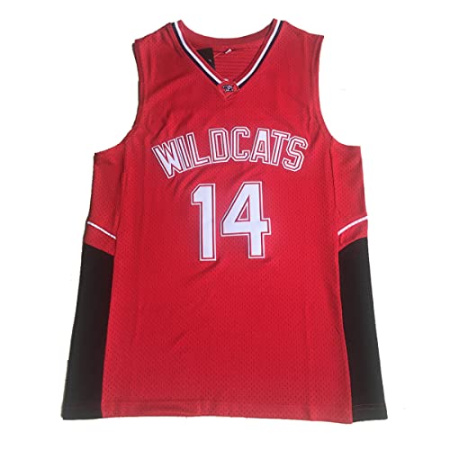 Movie Troy Bolton #14 Basketball Jersey Wildcats High School Basketball Jersey Stitched Red,Hip Hop Movie Shirts(Medium)