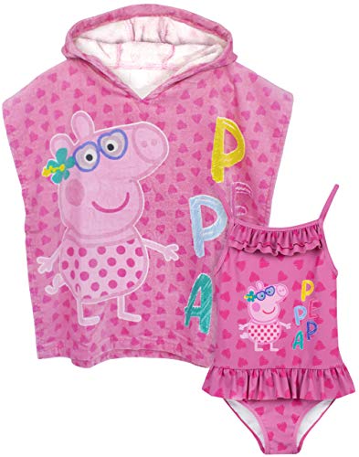 Peppa Pig Girls Swimsuit & Hooded Towel Poncho Toweling Robe Cover Up Set 4-5 Years Pink