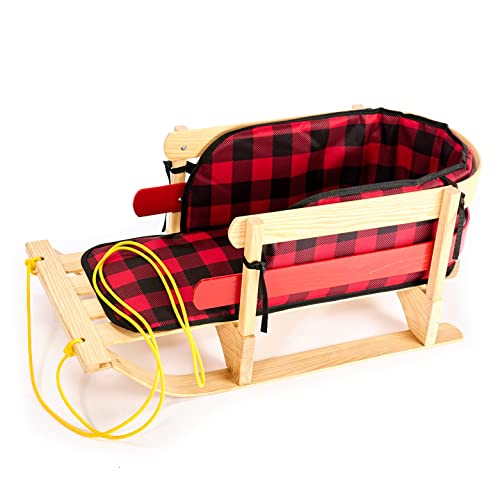 Snow Sleds for Kids – Wood Snow Sled with Cushion Seat and Pulling Rope – Snow Sled Premium Canadian Quality from Ash Hardwood – Sleigh Toboggan