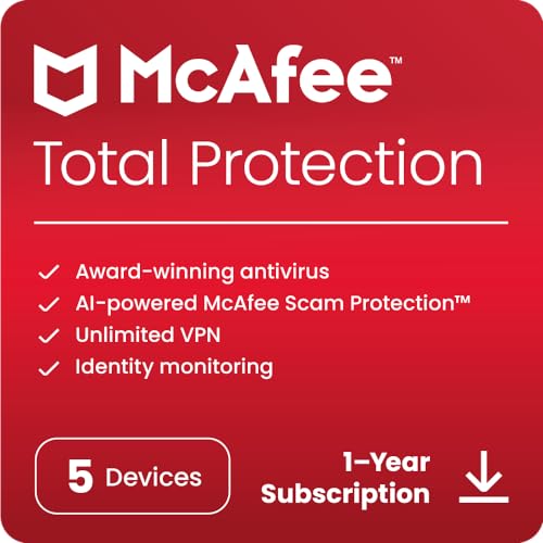 McAfee Total Protection 2024 | 5 Device | Cybersecurity Software Includes Antivirus, Secure VPN, Password Manager, Dark Web Monitoring | Download