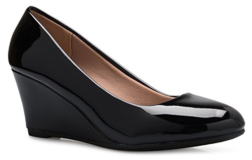 Olivia K Women's Adorable Low Wedge Heel Shoe - Easy Low Pumps - Basic Slip On, Comfort Black Patent