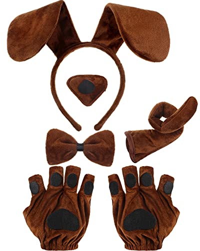 Syhood Puppy Dog Costume Set Dog Ears Headband Bowtie Nose Tail Puppy Paw Gloves Animal Costume for Carnival World Book Day(Brown)