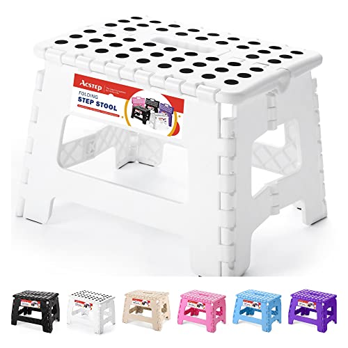 ACSTEP Folding Step Stool Portable Collapsible Plastic Step Stool 9 Inch Foldable Step Stool Non Slip Folding Stools for Kitchen Bathroom Bedroom (White)