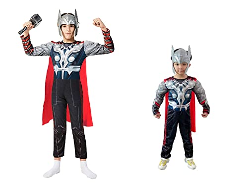 BMJDGM Children's superhero Thor costume Classic Muscle Costume Suit,Includes headpiece, hammer, cape (silver, Medium)