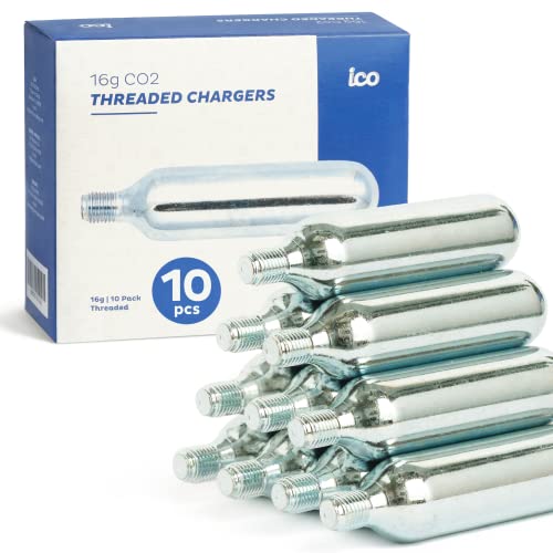 ICO CO2, 10pcs, 16g Threaded CO2 Cartridges, CO2 Cartridges for Use with CO2 Bike Tire Inflator, C02 Cartridges for MTB & Road Bikes, Food Grade CO2 Cartridges