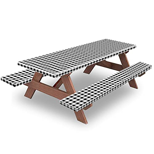 KENOBEE Picnic Table and Bench Fitted Tablecloth Cover, 3-Piece Set, Flannel Backing Elastic Edge Waterproof Wipeable Plastic Cover Vinyl Tablecloth for Home Goods Indoor Outdoor Patio, Black-White