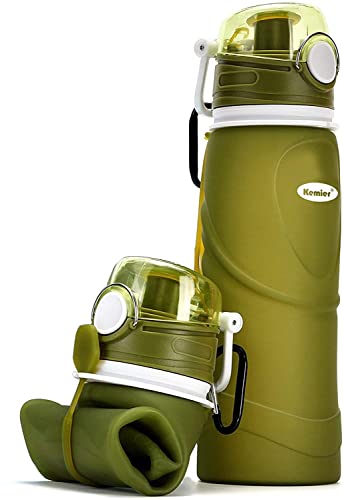 Kemier Collapsible Silicone Water Bottles-750ML,Medical Grade,BPA Free.Can Roll Up,26oz,Leak Proof Foldable Sports & Outdoor Water Bottles (Green)