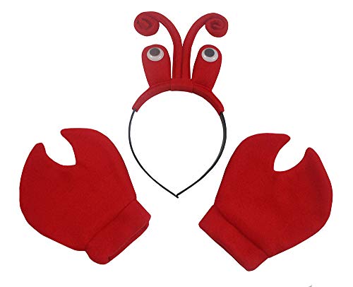Nicky Bigs Novelties Lobster Antenna Headpiece With Eyeballs, Crab Claws Gloves Headband Mitt Kit - Crawfish Costume Accessories Set Red, One Size