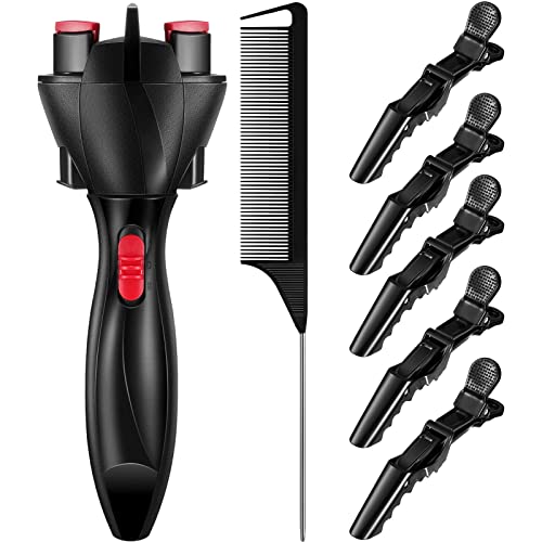 7 Pieces Automatic Hair Braider Set, Includes Electronic Hair Braiding Tool Machine, DIY Tool with Rat Tail Comb and Crocodile Hair Clips for DIY Hair Styling (Black)