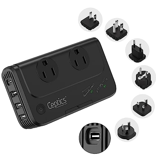 Ceptics - Travel Adapter and Voltage Converter, 220V to 110V Converter with Surge Protection, Universal Adapter and Power Converter with Types A, C, G, I attachments, 6-in-1 Charging