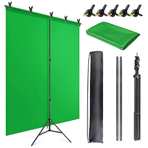 JEBUTU 5X6.5ft Green Backdrop Kit with T-Shape Stand, Portable Green Screen Background Support Stand Kit with Carrying Bag & Clamps for Streaming, Video, Zoom