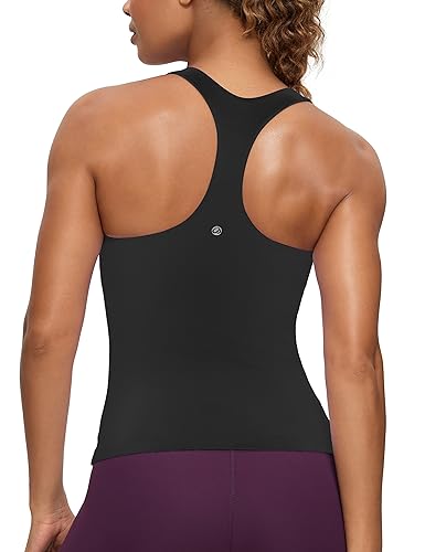 CRZ YOGA Butterluxe Workout Tank Tops for Women Built in Shelf Bras Padded - Racerback Athletic Spandex Yoga Camisole Black Medium