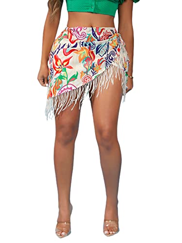 MakeMeChic Women's Floral Tie Side Wrap Tassel Mini Skirt Cover Up Beach Skirt Multicolor M