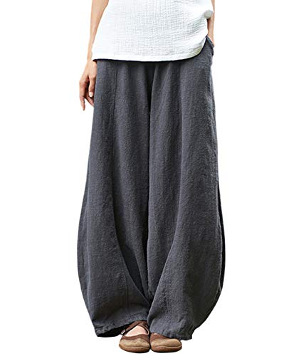 IXIMO Women's Casual Cotton Linen Baggy Pants with Elastic Waist Relax Fit Lantern Trousers Gray M