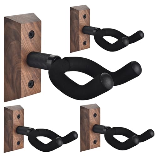 DOMMI Guitar Wall Mount 4 Pack, Guitar Holder with Rotatable Soft Guitar Hook for All Size Guitars, Hardwood U-Shaped Guitar Hanger Wall Mount for Acoustic, Electric Guitar, Bass, Black Walnut