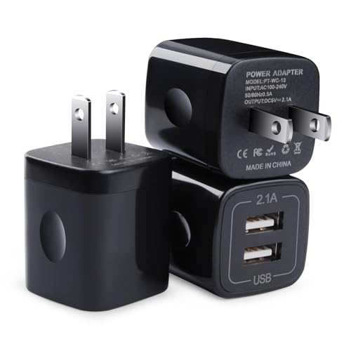 Black USB Wall Adapter, Charging Block, 3Pack Dual Port 2.1A Fast Wall Charger Brick Base Cube USB Plug Outlet Phone Charger Box Compatible iPhone 15 14 13 12 11 XS Max XR X 8 7 6, iPad, Samsung, LG