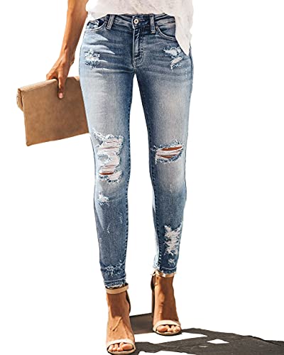 Allimy Women's High Rise Skinny Stretch Ripped Jeans High Waisted Destroyed Denim Pants Size 12