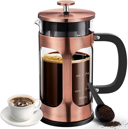 BAYKA 34 Ounce 1 Liter French Press Coffee Maker, Glass Classic Copper Stainless Steel Coffee Press, Cold Brew Heat Resistant Thickened Borosilicate Coffee Pot for Camping Travel Gifts