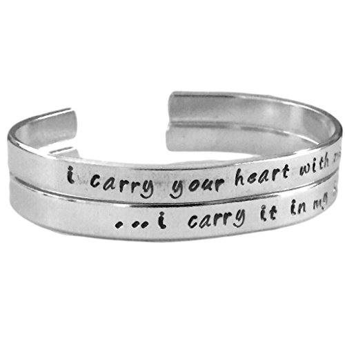 Hand Trades I Carry Your Heart with Me ... I Carry It in My Heart 2 Piece Stacking Bracelets Set | Adjustable Silver Aluminum