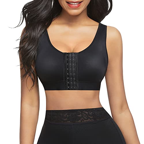 FeelinGirl Front Closure Bra Posture Corrector Post-Surgery Bra with Breast Support Band Black M