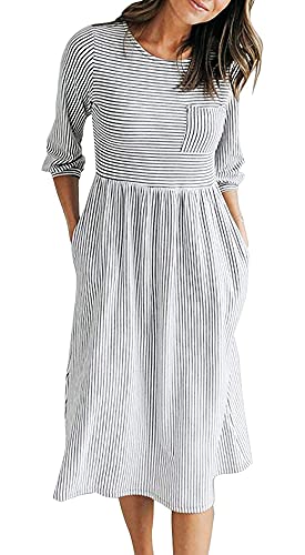 MEROKEETY Women's 3/4 Balloon Sleeve Striped High Waist T Shirt Midi Dress, Black White, Large