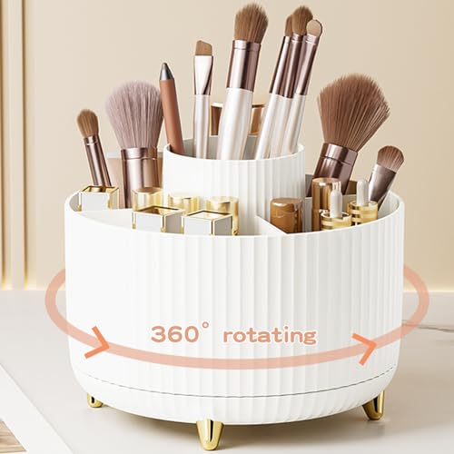 360° Rotate Makeup Brush Holder Organizer, Makeup Organizers Countertop, Makeup organization and Skincare Storage for Vanity, Desktop, Bathroom (White)