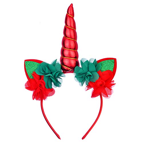 LUX ACCESSORIES Christmas Cat Ears Metallic Red Unicorn Horn Green Red Floral Holidays Headband