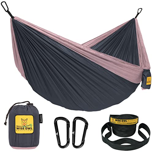 Wise Owl Outfitters Hammock for Camping Double Hammocks Gear for The Outdoors Backpacking Survival or Travel - Portable Lightweight Parachute Nylon DO Charcoal Rose