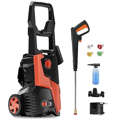 Powerful Electric Pressure Washer - 4000PSI Max 2.5GPM, Electric Powered with 4 Quick Connect Nozzles, 25FT Hose, Soap Tank, Ideal for Car, Driveway, Patio, Pool Cleaning – Orange
