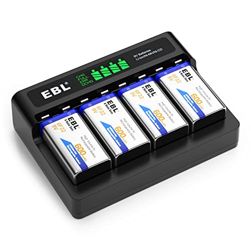 EBL Rechargeable 9V Batteries 4-Pack with M7014LW 9V Battery Charger (Built-in USB Cable) Insert Charger for Rechargeable 9 Volt Lithium-ion/Ni-MH/Ni-CD Batteries