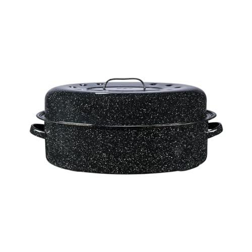 Granite Ware 19 inch oval roaster with Lid design to accommodate up to 20 lb poultry/roast. Resists up to 932°F