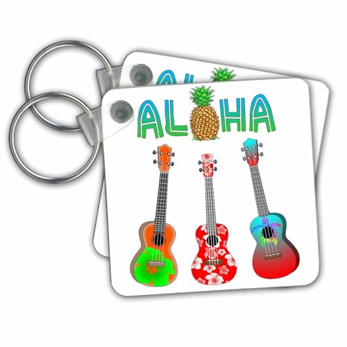 3dRose Key Chains Hawaiian Aloha with three island style ukuleles for any music lover. (kc-291820-2)