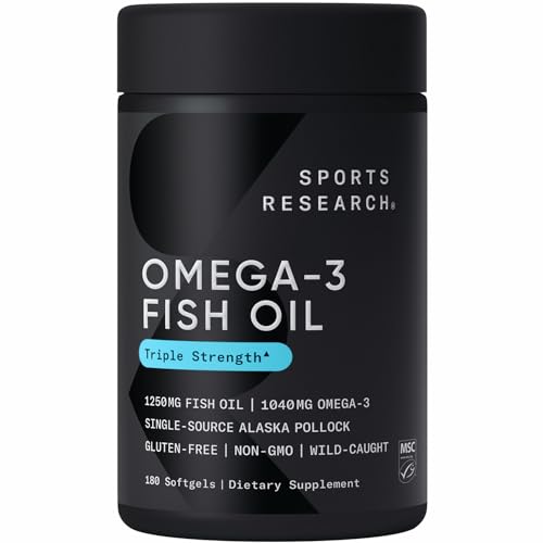 Sports Research Triple Strength Omega 3 Fish Oil - Burpless Fish Oil Supplement w/EPA & DHA Fatty Acids from Single-Source Wild Alaska Pollock - 1250 mg, 180 ct