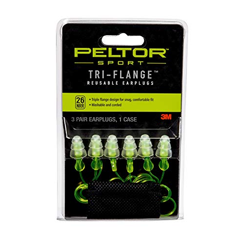 Peltor Sport Tri-Flange Corded Reusable Earplugs, 3 Pair, Noise Reduction Rating (NRR) 26 dB, Comfortable Fit, Ideal For Range, Shooting & Hunting, Washable and Corded, Neon Yellow (97317-10C)