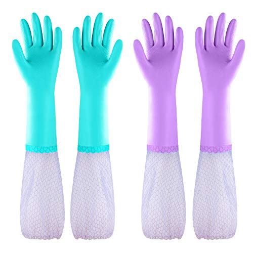 Elgood Reusable Long Sleeve Dishwashing Cleaning Gloves with Latex Free,Cotton Lining,Kitchen Gloves 2 Pairs,Purple+Blue L