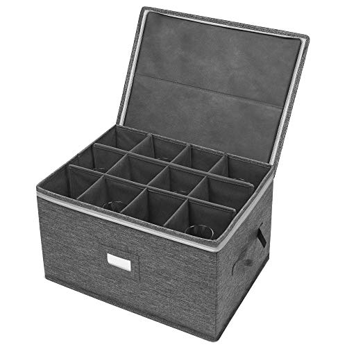 Stemware Storage Cases, Wine Glass Storage Box Containers for Glassware or Crystal, Holds 12 Red or White Wine Glasses, Hard Top and Sides (Grey)