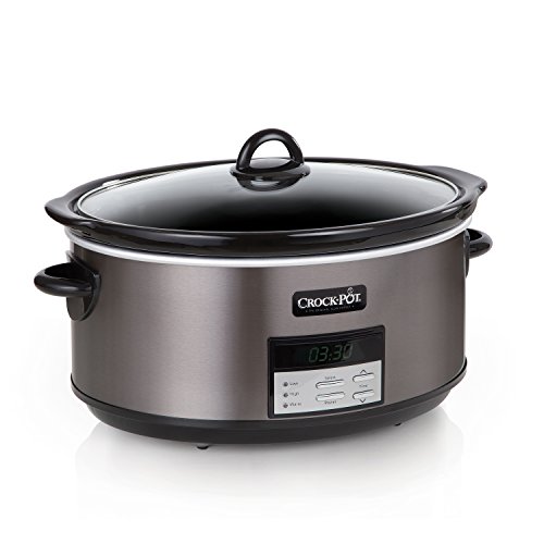 Crock-Pot Large 8 Quart Programmable Slow Cooker with Auto Warm Setting and Cookbook, Black Stainless Steel (Pack of 1)