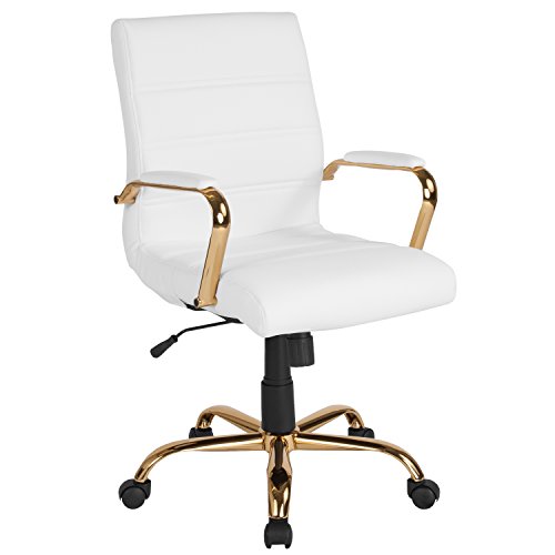 Flash Furniture Whitney Mid-Back Swivel LeatherSoft Desk Chair with Padded Seat and Armrests, Adjustable Height Padded Office Chair, White/Gold