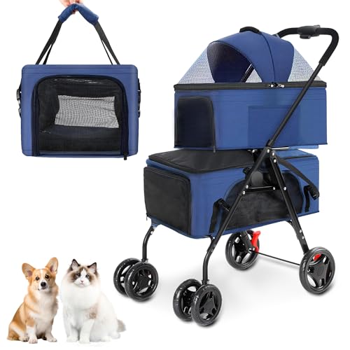 Rengue Double Pet Strollers, Dog Strollers for 2 Small Dogs or Cats, Double Cat Strollers with 2 Detachable Carrier Bags, Folding Dog Strollers with 4 Lockable Wheels, Travel Small Dog Strollers