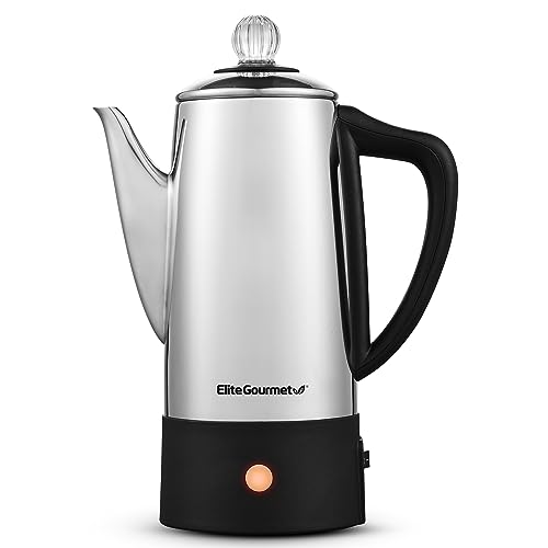 Elite Gourmet EC140 Electric 6-Cup Coffee Percolator with Keep Warm, Clear Brew Progress Knob Cool-Touch Handle Cord-less Serve, Stainless Steel