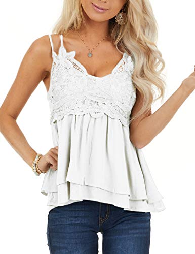 Womens V Neck Lace Strappy Cami Tank Tops Loose Casual Summer Sleeveless Shirts White L