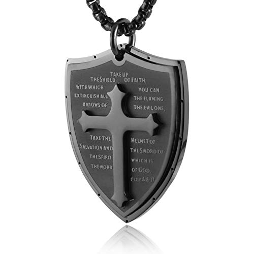 HZMAN Shield Armor of God Ephesians 6:16-17, Faith Cross Stainless Steel Pendant Necklace (Black)