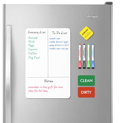 Magnetic Whiteboard Fridge Dry Erase Board: HOMiDEK Small Magnetic White Board for Refrigerator with Clean Dirty Magnet for Dishwasher, 4 x Markers, 1 x Eraser - 12' x 8'